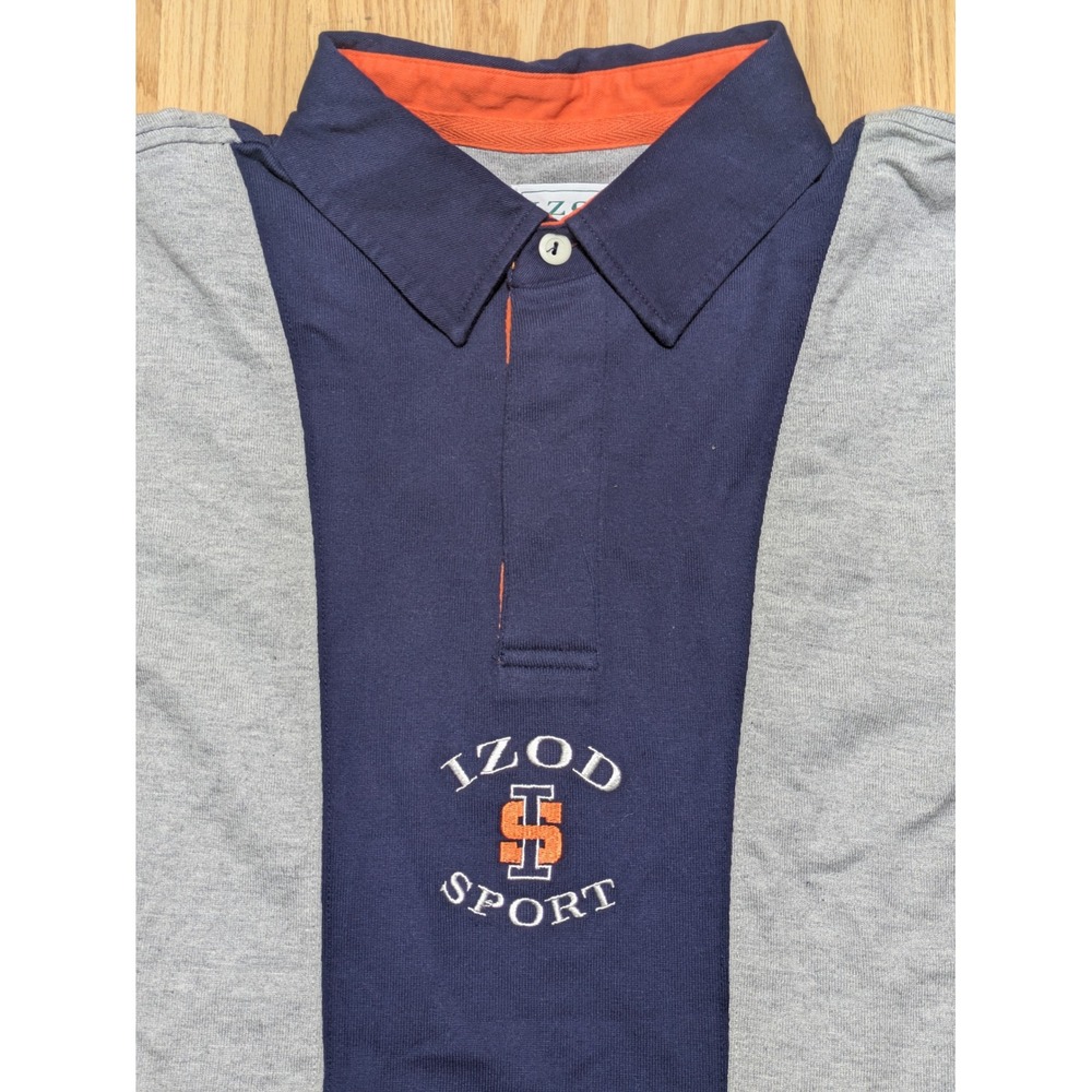 IZOD Mens Vintage Sport Long Sleeve Rugby Polo Shirt Colorblock Gray Navy Large